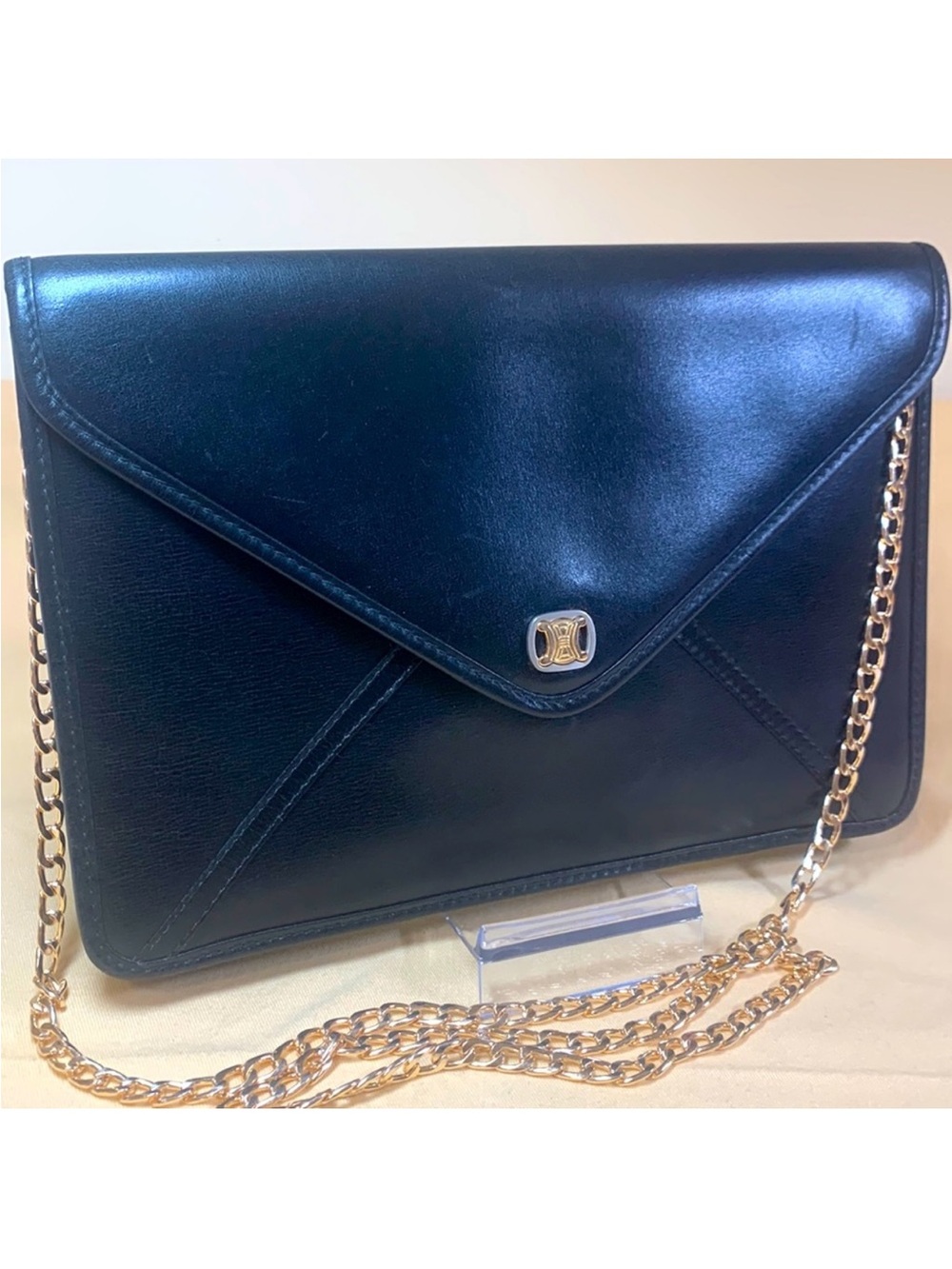 Celine Black Leather Envelope Clutch Insert & Chain for Shoulder/Crossbody. COA